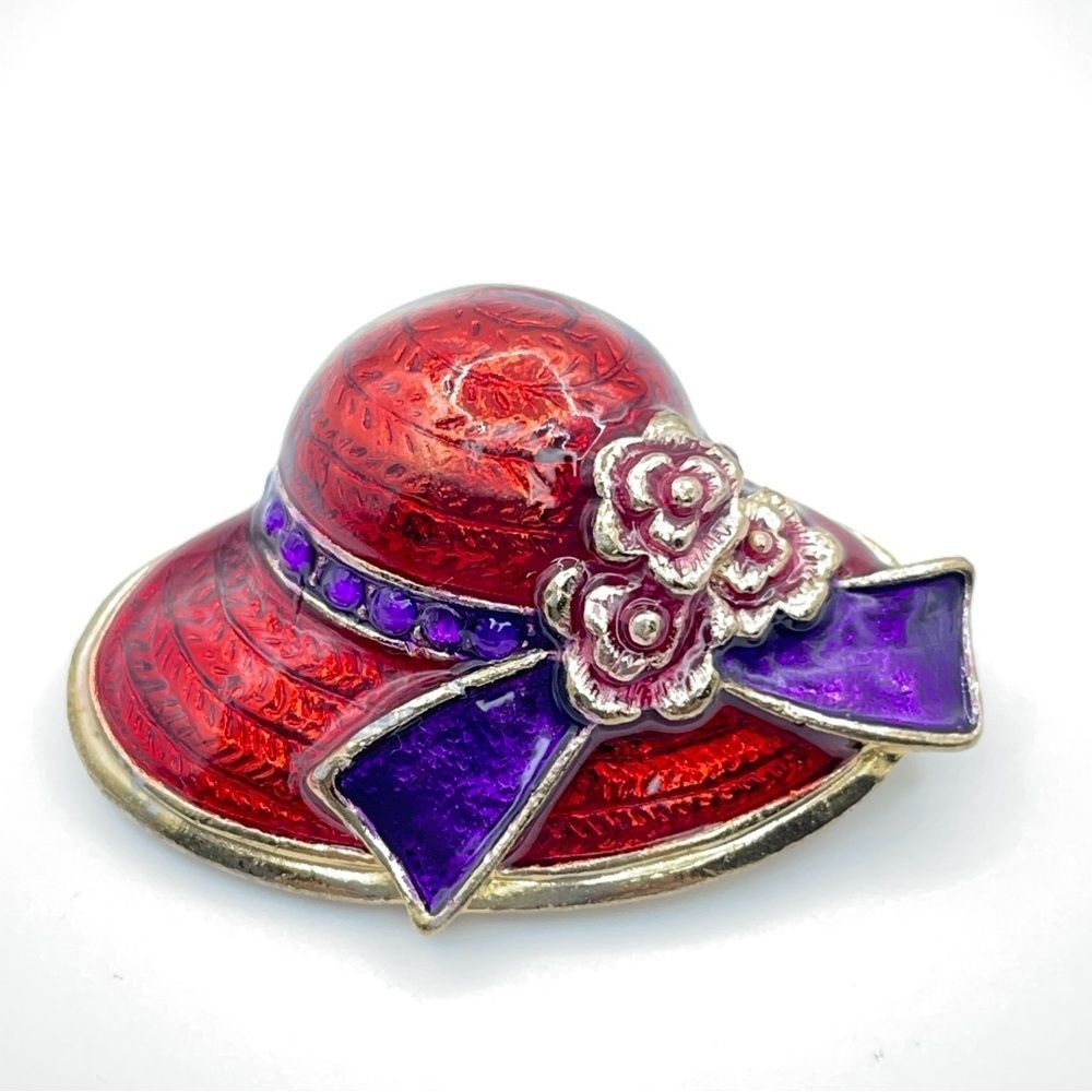 Red Hat Society Brooch Pin Red Enamel Purple Scarf Tie Flowers Gold Tone Trim 3D